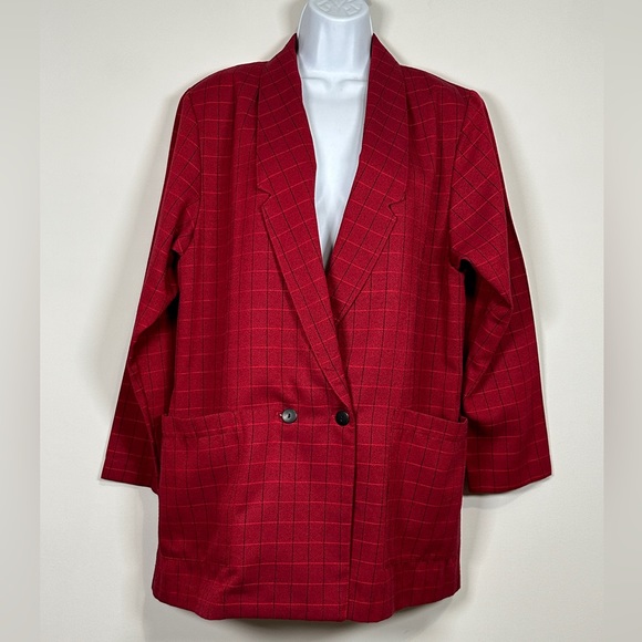 Vintage Red Check Plaid Double Breasted Blazer By Saddlebred Size Large - Picture 4 of 8